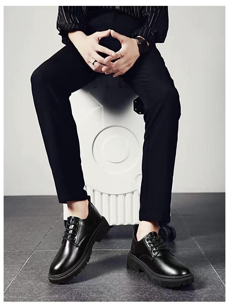 Men's British Style Leather Business & Casual Shoes - Thick Sole, Trendy, Versatile Lace-up for Work or Student Wear