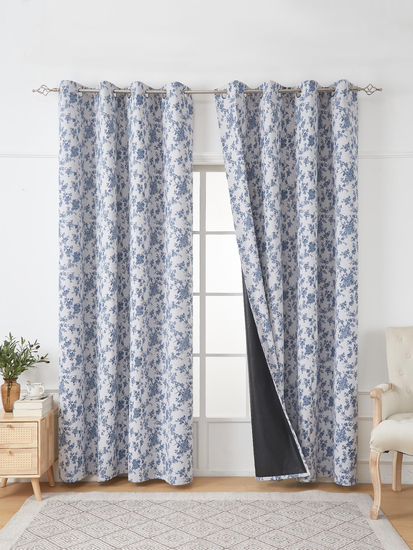 

Синяя цветочная перфорированная штора с затемнением, подходящая для гостиной и спальни, затемняющие декоративные шторы 140x160cm&Grommet Top синий