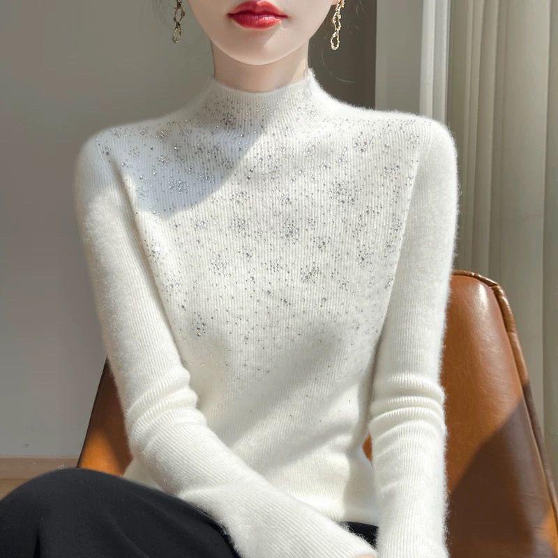 

Плотный свитер со стразами и пуловером, женский толстый зимний облегающий свитер с внутренней трикотажной основой 3XL