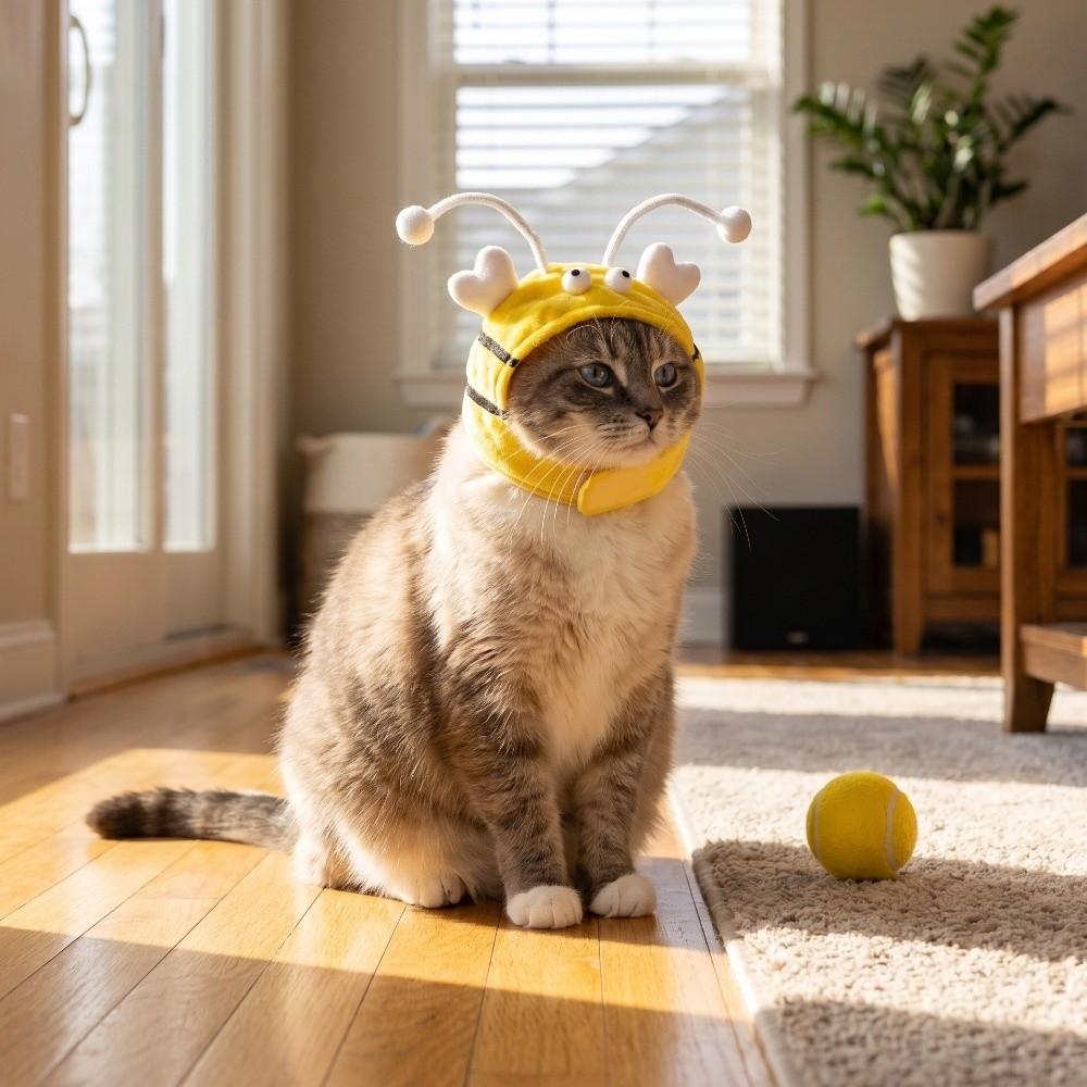 With Teaser Stick Hat Cat Bee Headdress Warm Plush Headgear Cartoon Cat Decorative Hat Soft Animal Shape Pet Cosplay Headwear