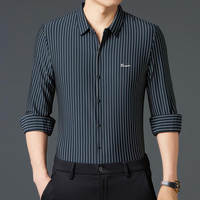 

ROMON Men s Seamless Vertical Stripe Non-Iron Long Sleeve Shirt 170
