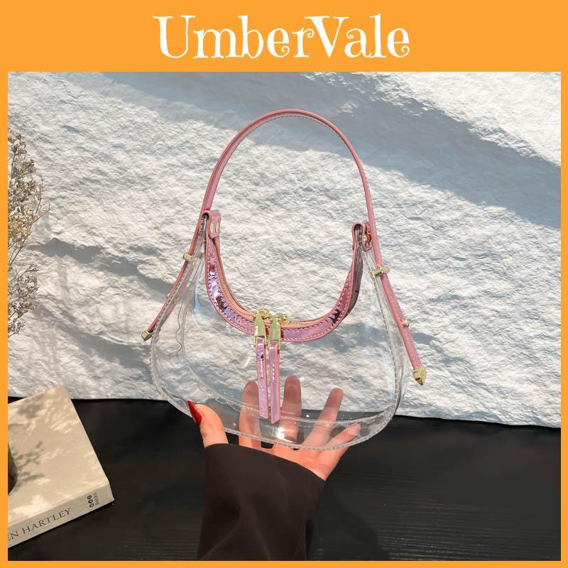 Pvc Jelly Crescent Purse Women Summer Trendy See Through Handbag With Stitching Detail For Daily Wear