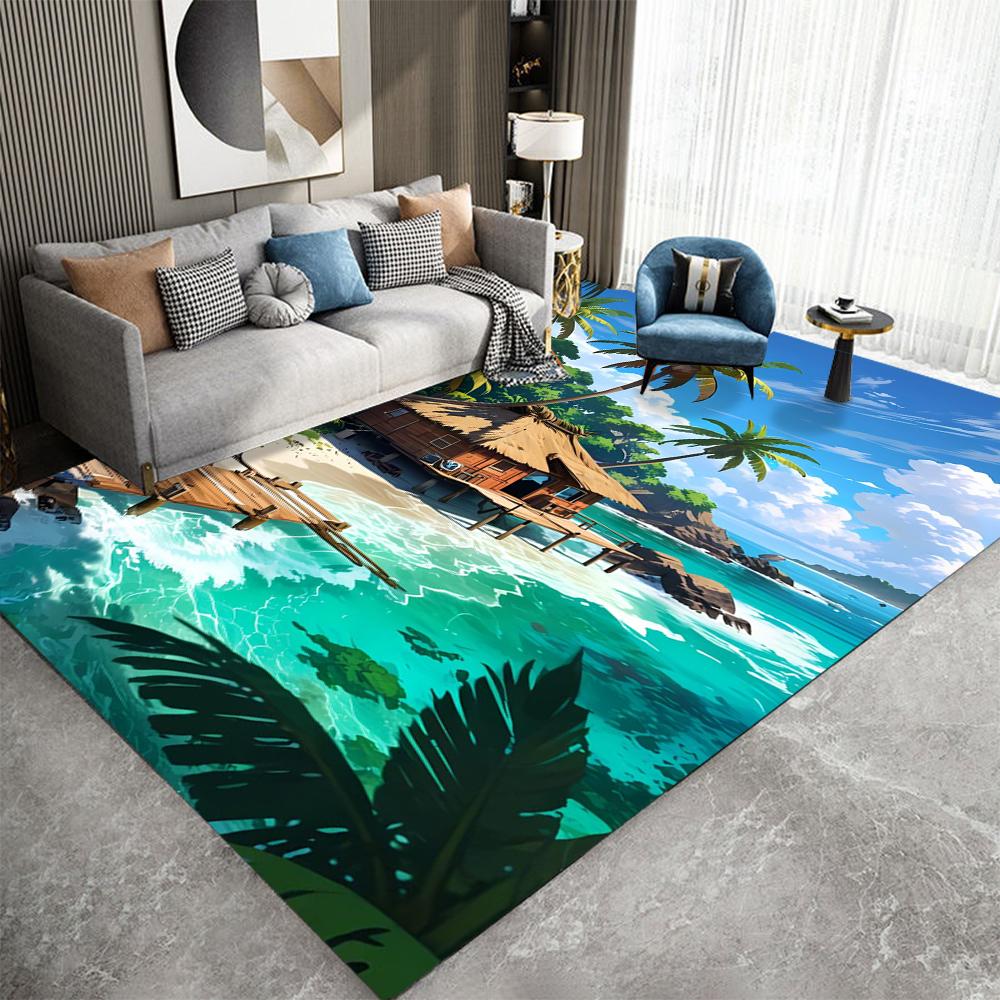 Tropical Beach Scene Carpet  With Palm Tree Flowers Vintage Car Coastal Road Waterfront Hut Patterns Rug For Living Room Decor