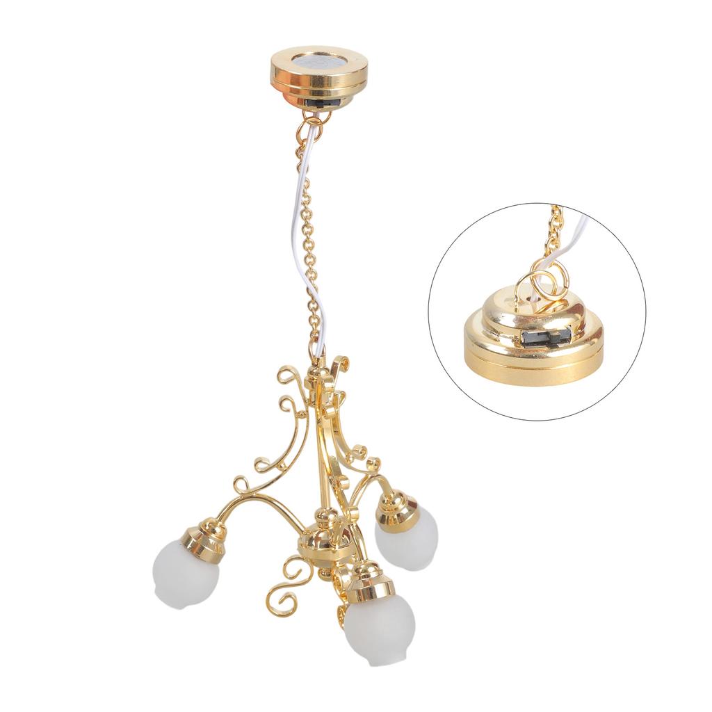 3 Head European Luxury Chandelier Metal Glass Adjustable Lighting for Dollhouse Furniture Accessories