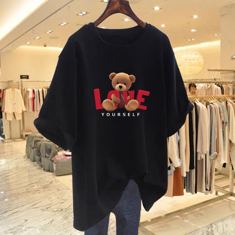 Women's Summer Bear Print Cotton T-Shirt - Korean Style, Loose Fit, Short Sleeve