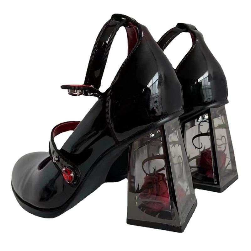 Fashion Vintage Mary Jane Pumps with Rose Thick Heels for Women European and American Style High Heels Lolita Jk Shoes Wine Red Rose
