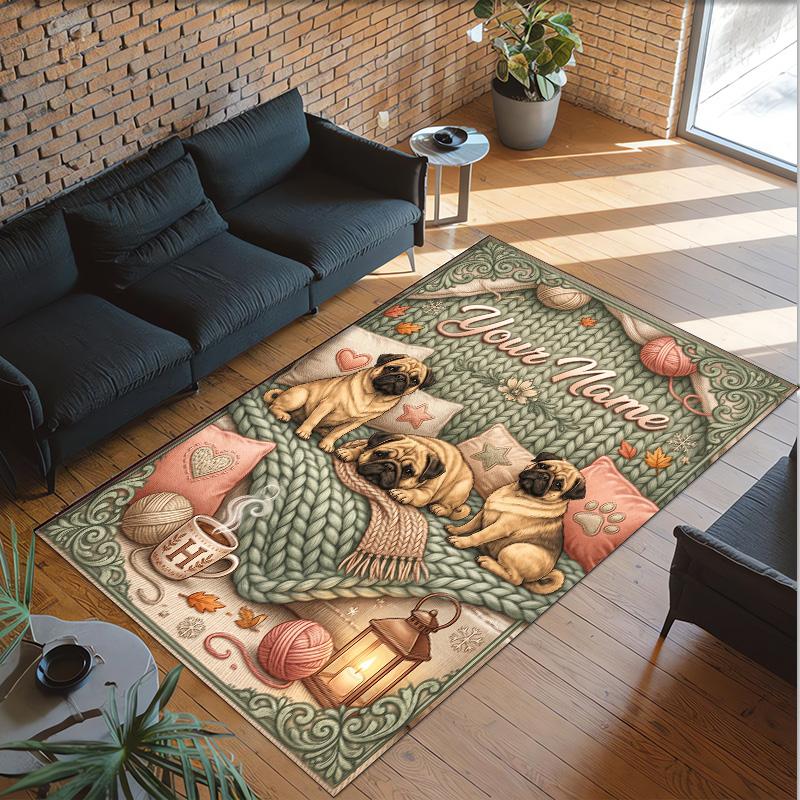 Pug Theme Crystal Velvet Floor Rug Personalized Custom Name Text Warm Carpet Home Decoration