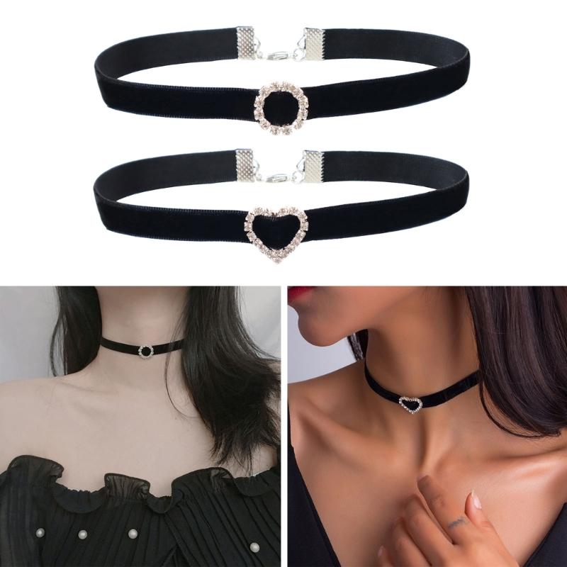 Crystal Round Love Heart Black Velvet- Collar Necklace Vintage Rhinestones Choker Punk Clavicle Chain Gift for Women