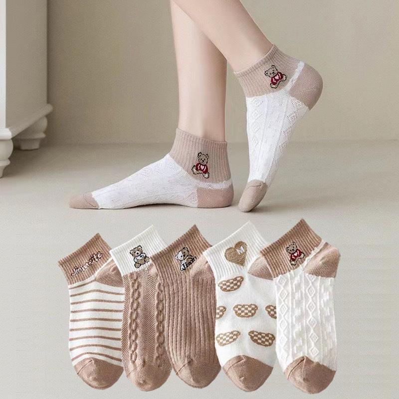 5Pairs Women's Spring and Summer New Short Cotton Socks Japanese Sweet Casual Cartoon Couple Boat Socks