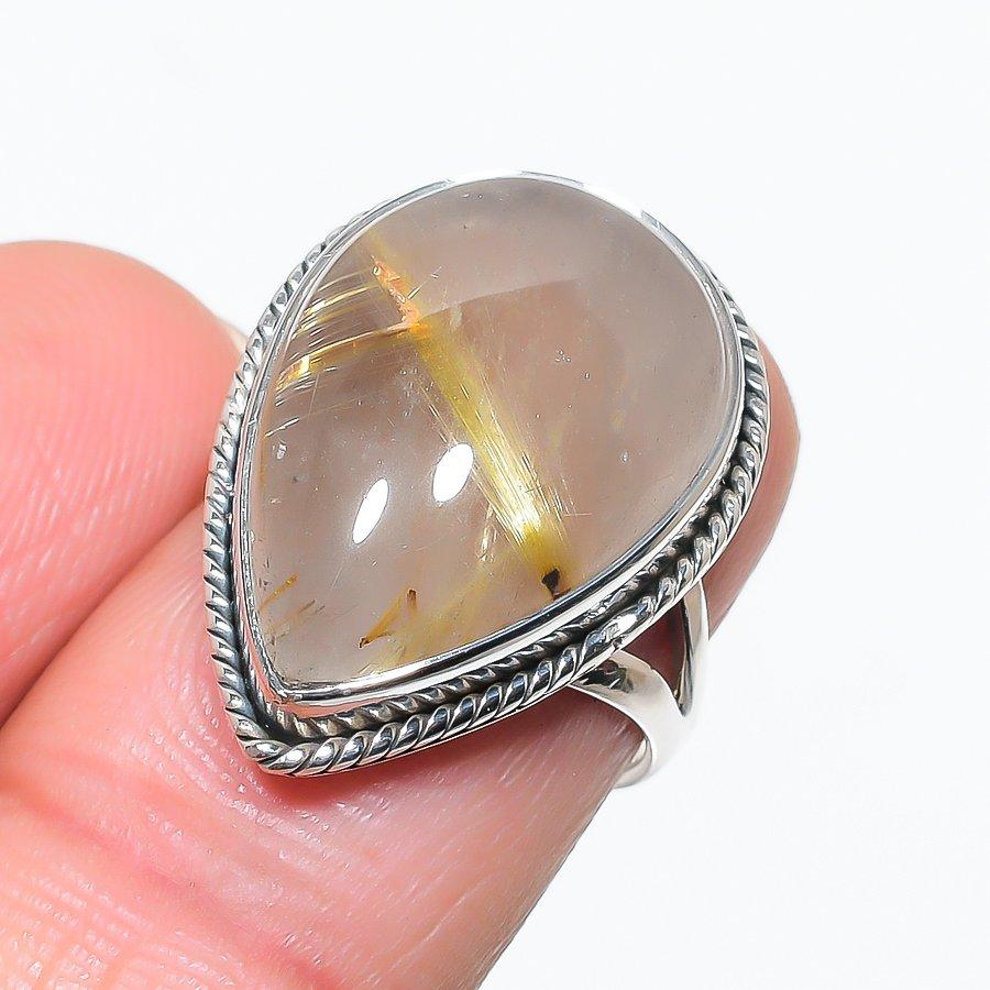 Natural Golden Rutile Gemstone 925 Solid Sterling Silver Jewelry Ring S.7 u2N59