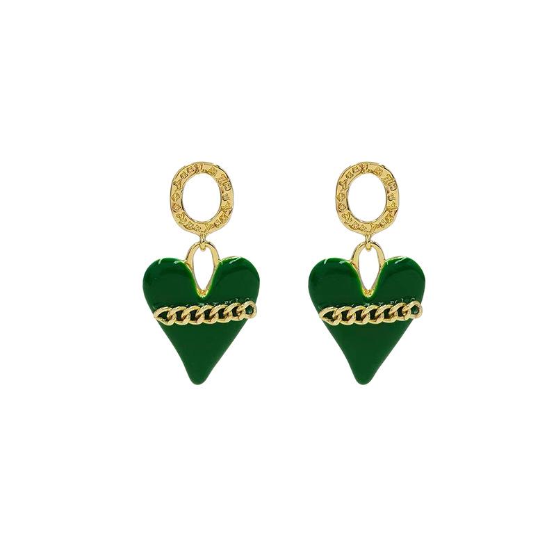 S925 Chinese Style Green Heart Chain Earrings, Super Fairy Cute, Versatile Girlish Studs