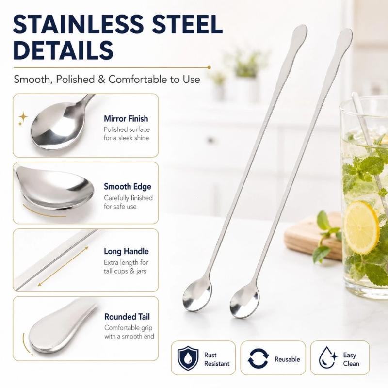 2Pcs Stainless Steel Long Handle Stirring Spoon Easy Grip Rust Resistant Beverage Mixing Spoon Long Handle Drink Stirring Spoon
