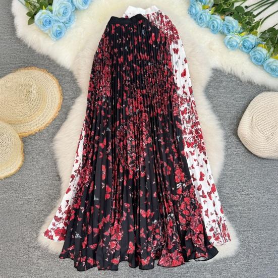 Fustă Lungă Stil Retro Talie Înaltă Elastică Fustă Pliată Imprimată cu Fluturi Tiv Larg Fustă din Material Respirabil Purtare Zilnică