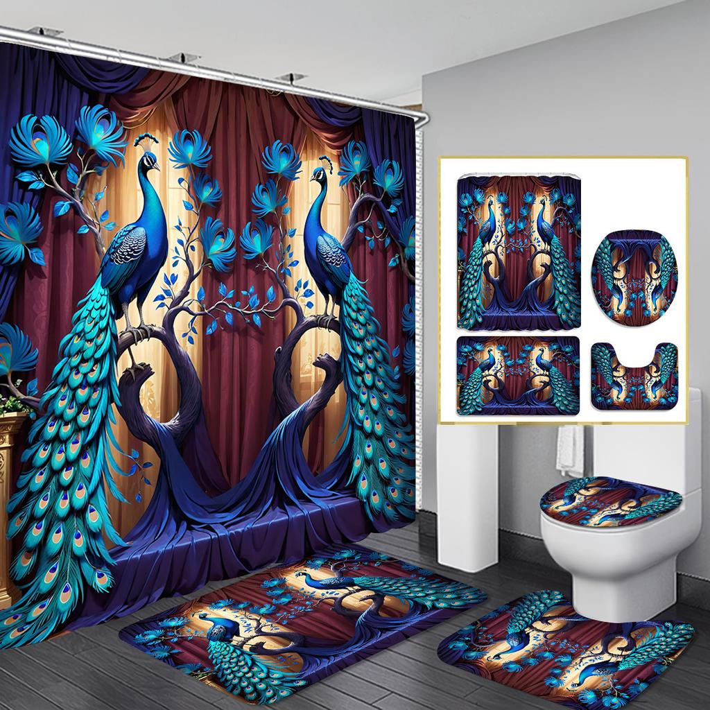 Christmas Shower Curtain Four-Piece Non-Punching Partition Curtain Digital Printing Bathroom Decoration Curtain