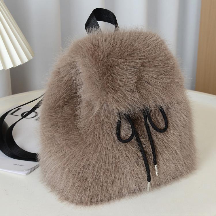 Mochila de Pelúcia Y2k Feminina Pequena Fofa com Cordão Leopardo Fofa Bolsa Macia Liso Lã Mochila de Lã Quente de Inverno Mini Mochila de Pele Sintética