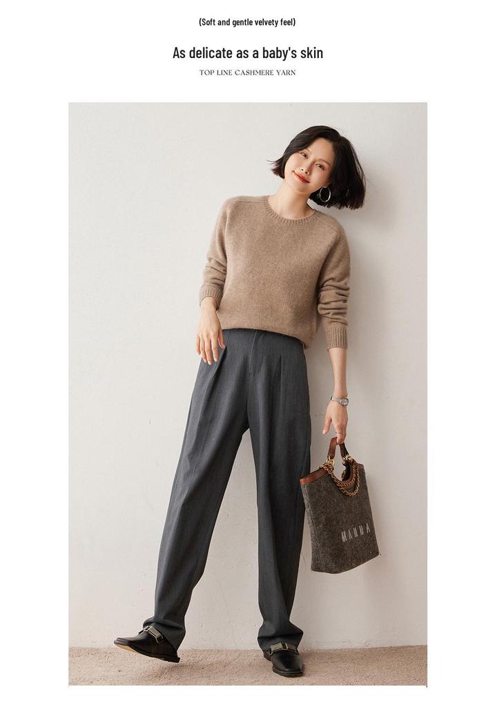 Women's Cashmere Round Neck Sweater: Autumn/Winter Loose Fit with Saddle Shoulder Design, Thick Base Layer.
