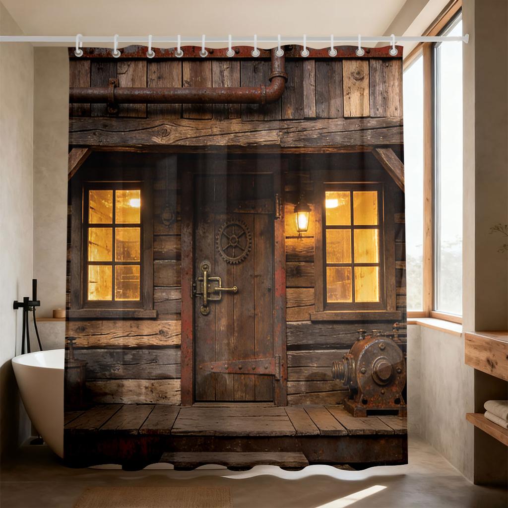 1Pc Imitation Retro Wooden Door Printing Waterproof Bathroom Partition Privacy Shower Curtain 12 Hooks, Multiple Sizes