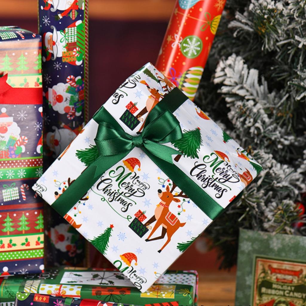 50x70cm 1 Roll Christmas Gift Wrapping Paper with Snowflake, Santa Claus, Reindeer Printed for Christmas, New Year Celebration