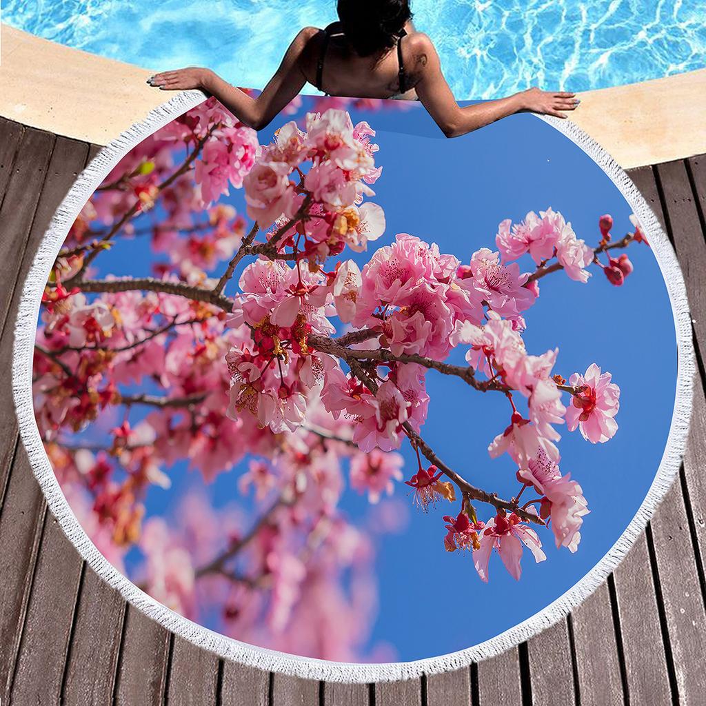 Cherry Blossom Round Beach Towel,Pink Romantic Cherry Blossom Sand Proof Beach Blanket Absorbent Quick Dry Pool Towel Picnic Mat