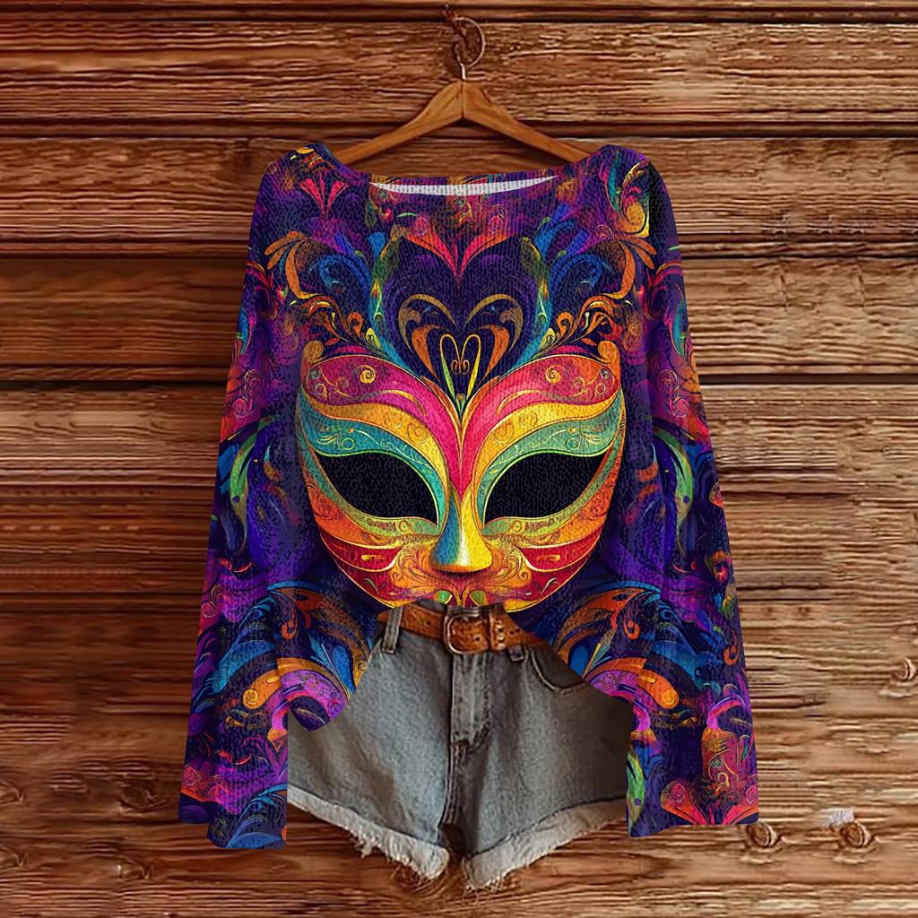 Damen Casual Mode Rundhals Oberteil Karneval Print Langarm Strickpullover