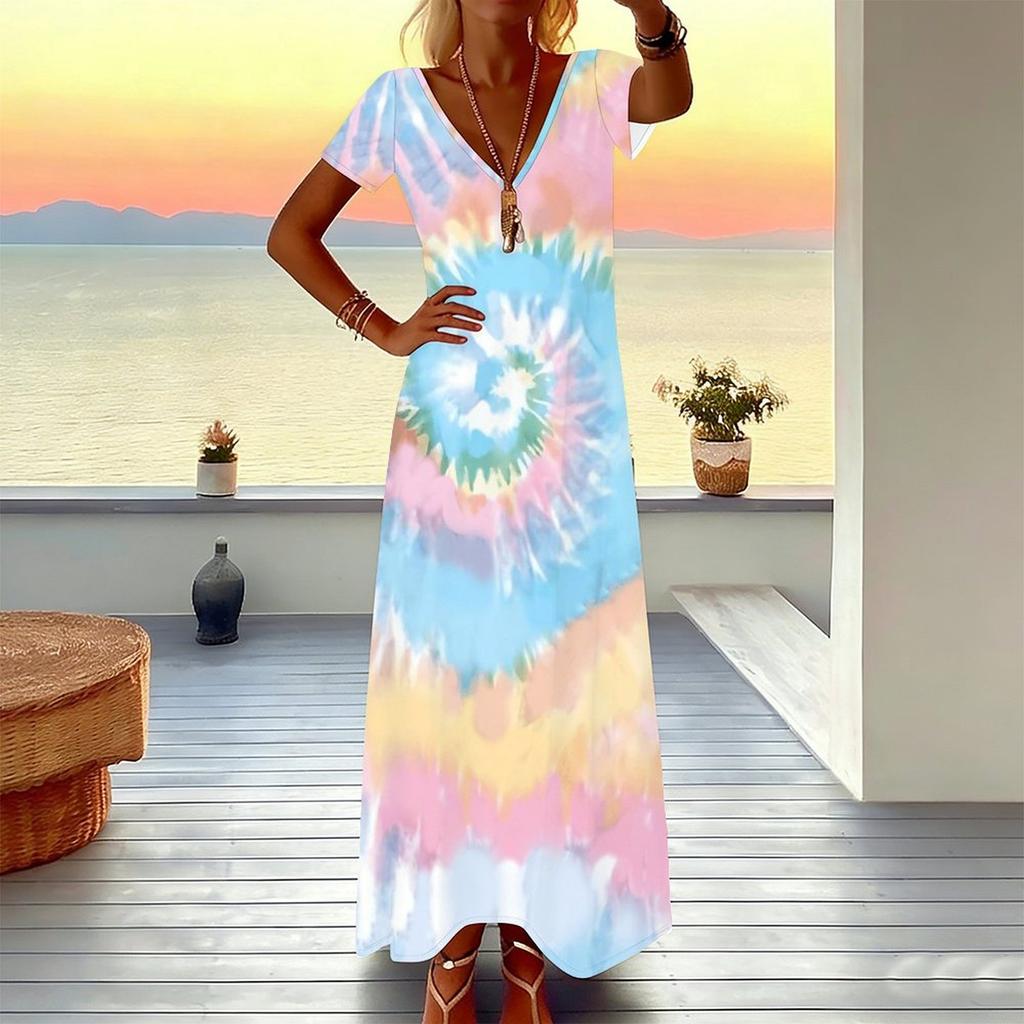 Women Plus Size Short Sleeve V Neck Maxi Dress Marble Swirl Print Loose Casual Summer Beach Long Dress