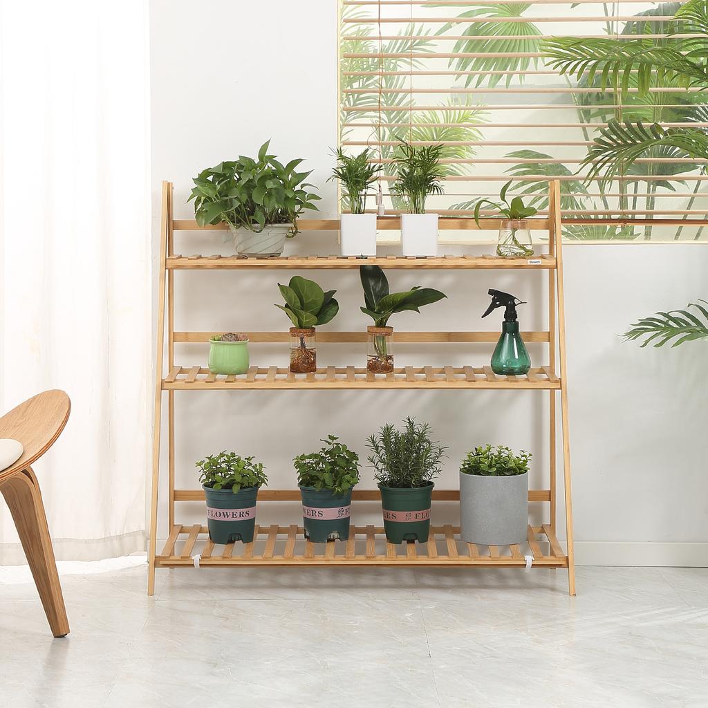 3-Tier Bamboo Outdoor Planter, Raised and Foldable Design, 100x39x97 Cm, Wood Tone