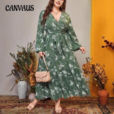 Plus Size Women's New Autumn Temperament Print Strap Waist Long Sleeve V Neck Dress