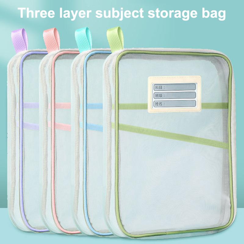 A4 Stationery Storage Bag Double-Layer Mesh Zipper Bag Large Capacity Organizer Folders School Office Supplies Stationary Bag