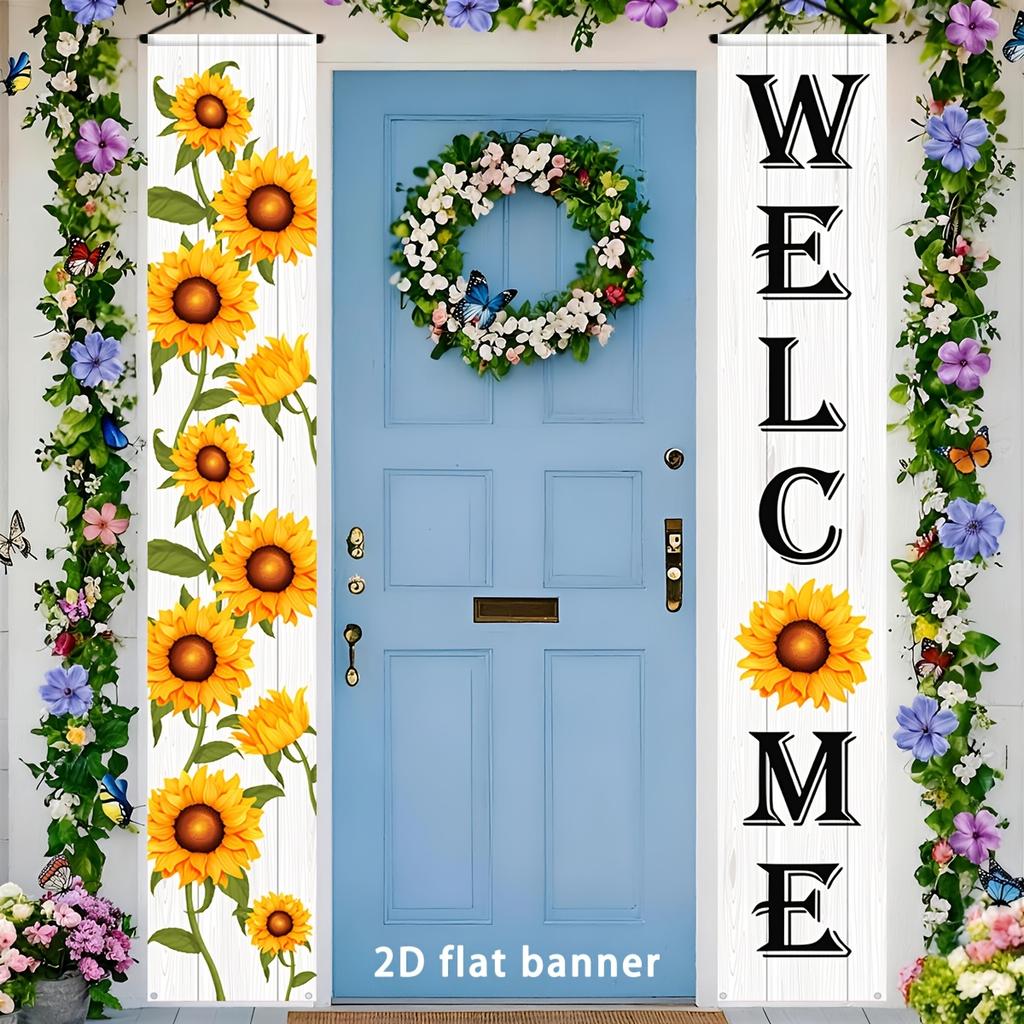 2D Flat, 1 Pair of 2D Flat Party Banners, White Sunflower Decorative Banners, Exquisite Porch Hanging Decorative Pennants, Perfect for Spring, Summer,