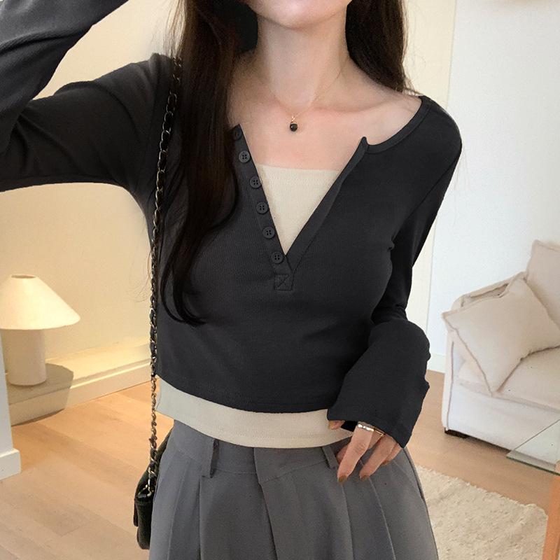 

Футболка с длинными рукавами Design Niche, женская, осенняя, новая, поддельная, из двух частей, контрастного цвета, утягивающая, внутренняя часть S