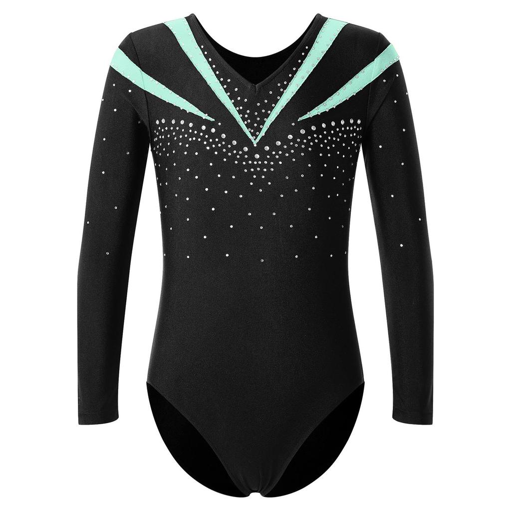 Girls Long Sleeve V Neckline Dance Leotards Shiny Rhinestone Decorated Contrast Color Slim Fit Unitard