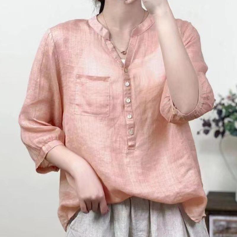 Summer Pink Yellow Top for Women Cotton Linen Blouse Art Retro Solid Color Short Sleeve Shirt