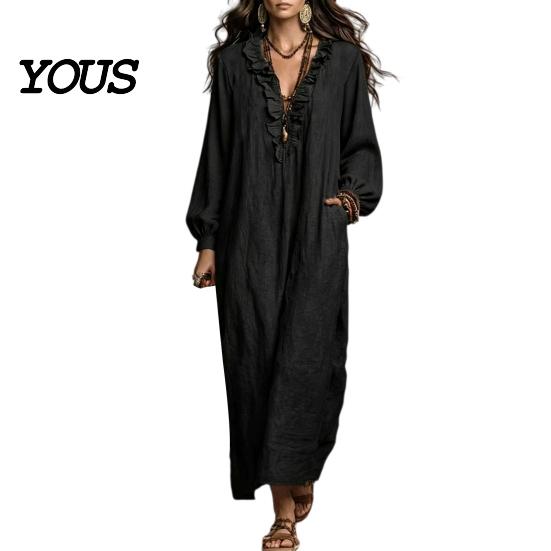 Daily Wear Dresses Women Ruffle V Neck Long Dress, Loose Fit Casual Midi Solid Color Sleeves Dress for Spring Autumn Neckline