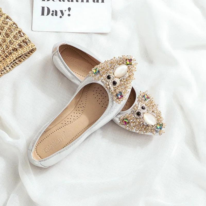 Chaussures Élégantes pour Femmes 2026 Printemps Chaussures Plates Femme Douces Confortables Soie Strass Été Mesdames Chaussures Simples Zapatos De Mujer