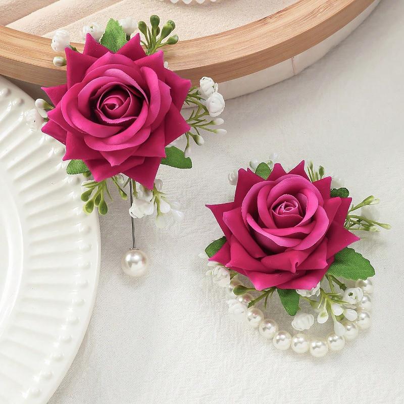 2PCS/Set Corsage Bridesmaid Accessories Party Jewelry Bridal Artificial Rose Gorgeous Wrist Corsage Elegant Multi-Color