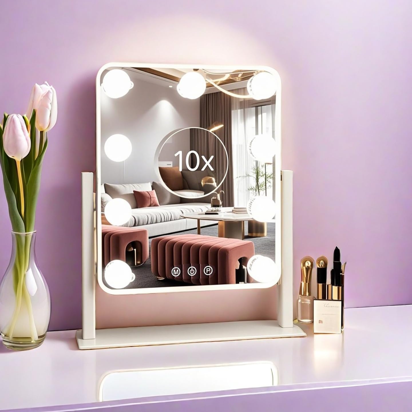 

Rechargeable Actress Hollywood Actress Tabletop Mirror with 9 LED 10x Three Color Lighting Adjustable USB and Japanese Instruction Manual Included
