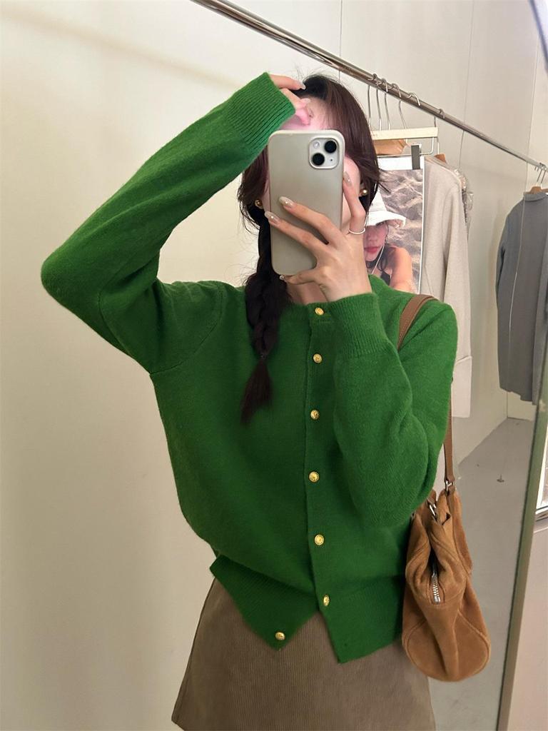 Korean Retro Autumn/Winter Cardigan Sweater with Gold Button Detail