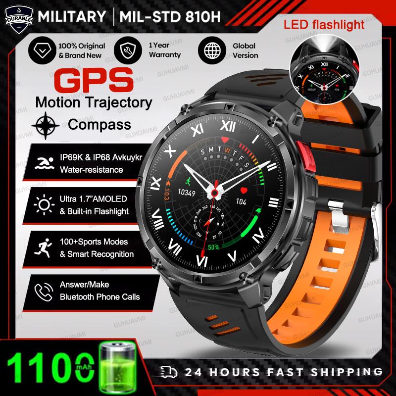 1100mAh Large Battery Durable Adult Smart Watch GPS Strong Flashlight 10ATM Waterproof BT Call Sport Smartwatch Men