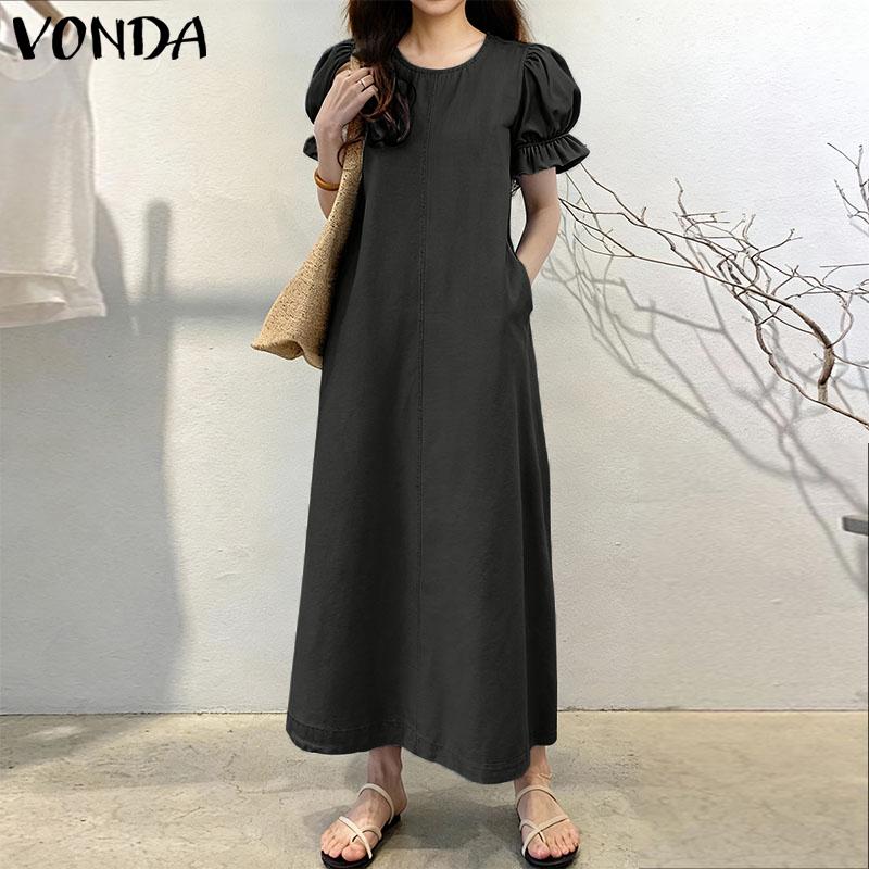 VONDA Women Elegant Round Neck Short Sleeve Ruffled H Line Casual Long Dress