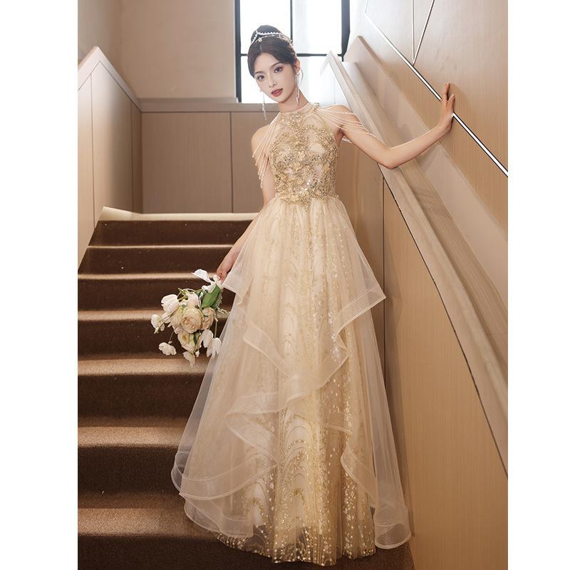 Champagne Neck Evening Dress 1011 New Adult Ceremony Birthday Banquet Light Luxury Niche High-end Art Test Tutu Skirt