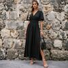 European and American Cross-border Foreign Trade New Women's Clothing Solid Color Dark V-neck, Waist Long Skirt, Split Skirt Dress Women