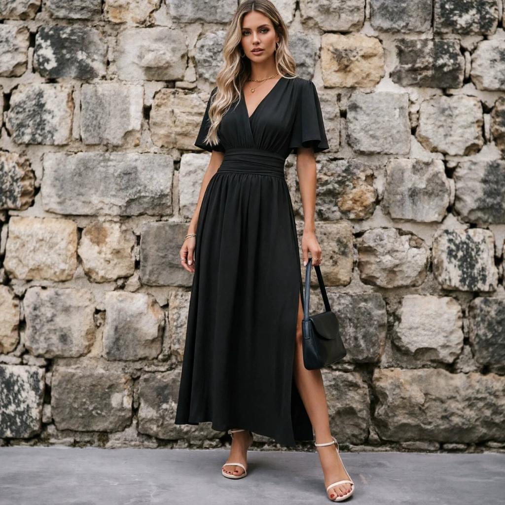 European and American Cross-border Foreign Trade New Women's Clothing Solid Color Dark V-neck, Waist Long Skirt, Split Skirt Dress Women