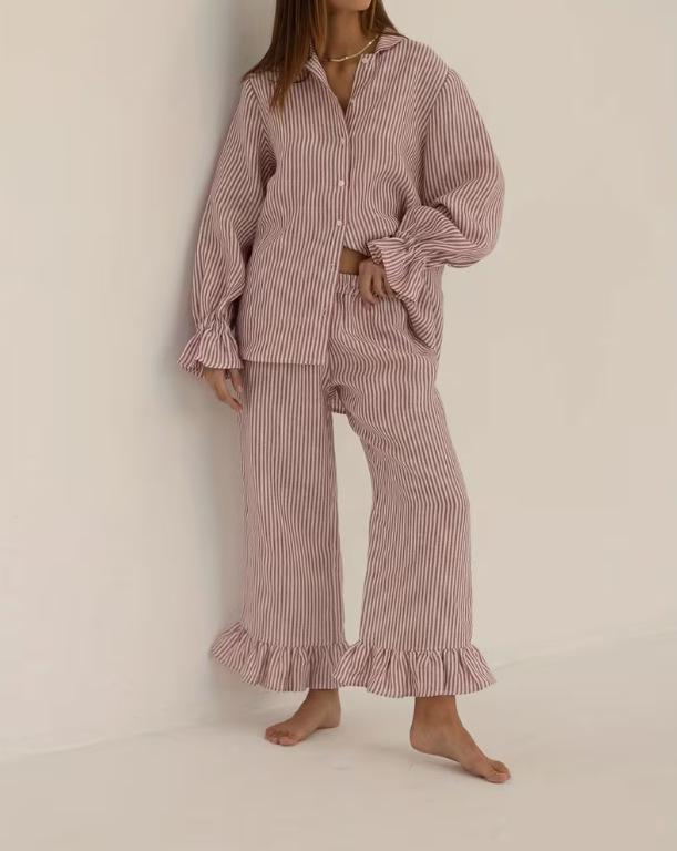 

2026 Spring/Summer Striped Pajama Set: Lapel Bubble Sleeve Shirt & Ruffle Wide-Leg Pants Large розовый