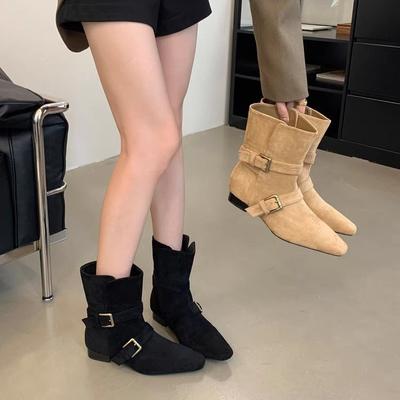 2025 New Fashion Design Khaki Suede Leather Buckle Strap Pointed Toe Boss Boots Punk Style Goth Square Heel Women Shoes