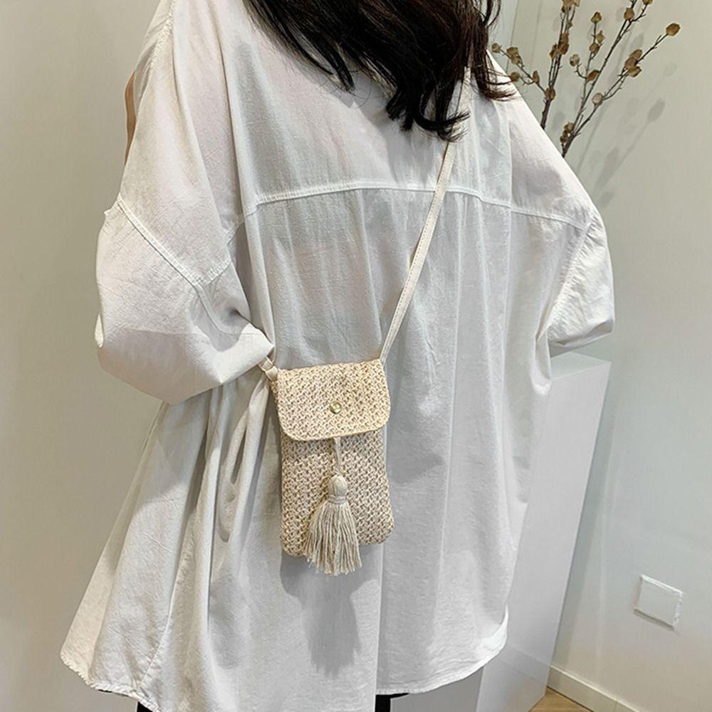 Long Tassel Straw Woven Handbag Handmade Woven Beach Bag Casual Crossbody Bucket Bag Female