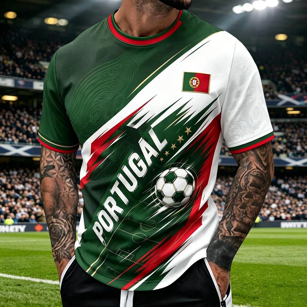 Camiseta de manga corta con cuello redondo para hombre de Portugal Camiseta para aficionado al fútbol Camiseta de seguidor del Mundial Ajuste casual Material ligero