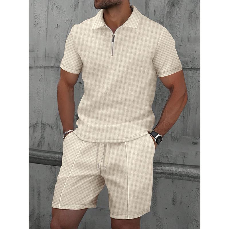 Men's Waffle Collar Polo and Shorts Sports Casual Set