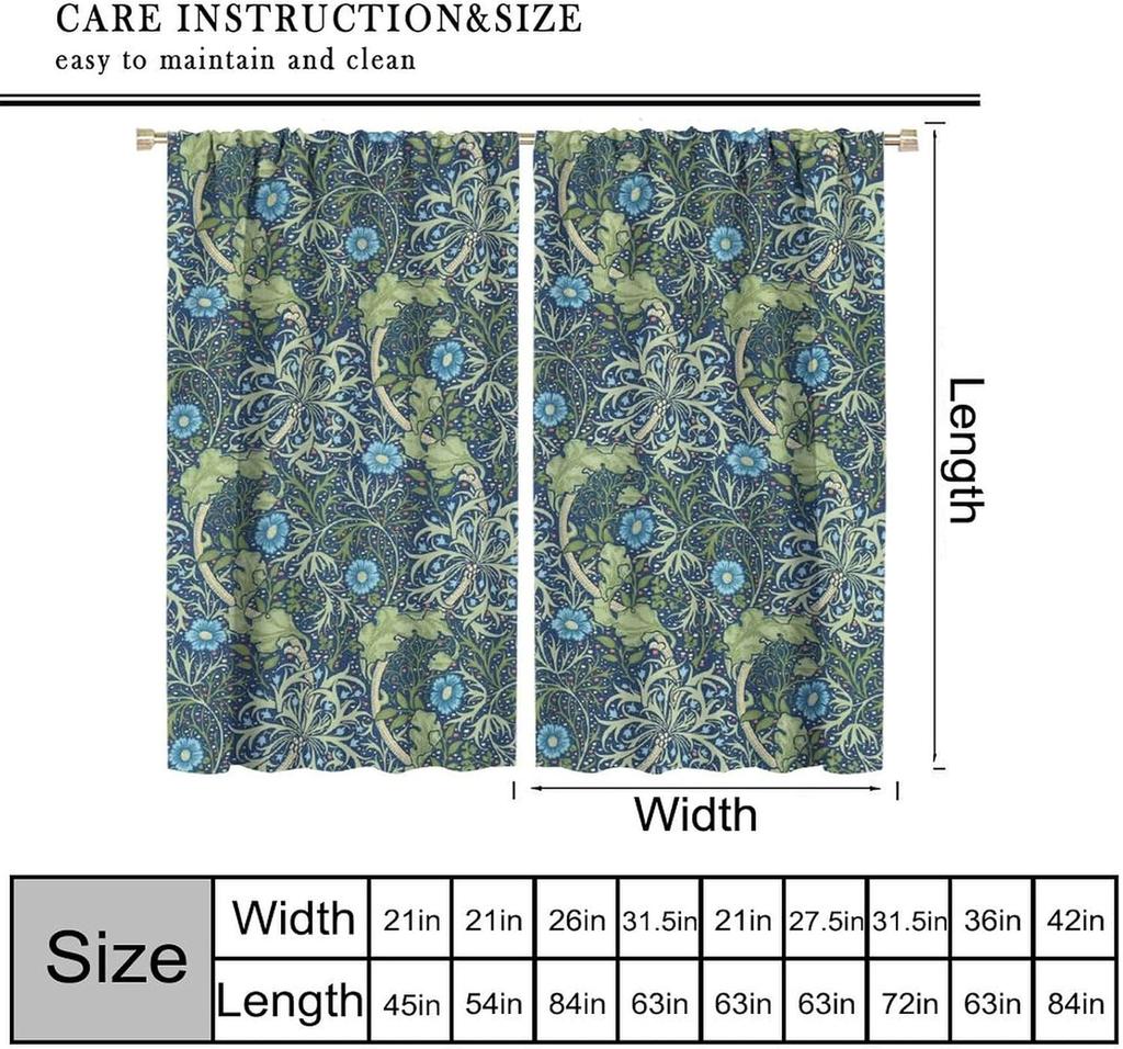 William Morris Floral Blackout Curtains   Country Farmhouse Flower Boho Retro Pattern Window Drapes   for Living Room Bedroom 21(W