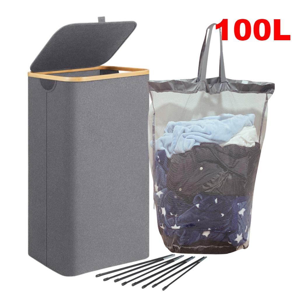 100L Dirty Clothes Bag Box Foldable Laundry Hamper Basket with Bamboo Handle&Lid with Removable Liner Bag for Laundry Room Dorm