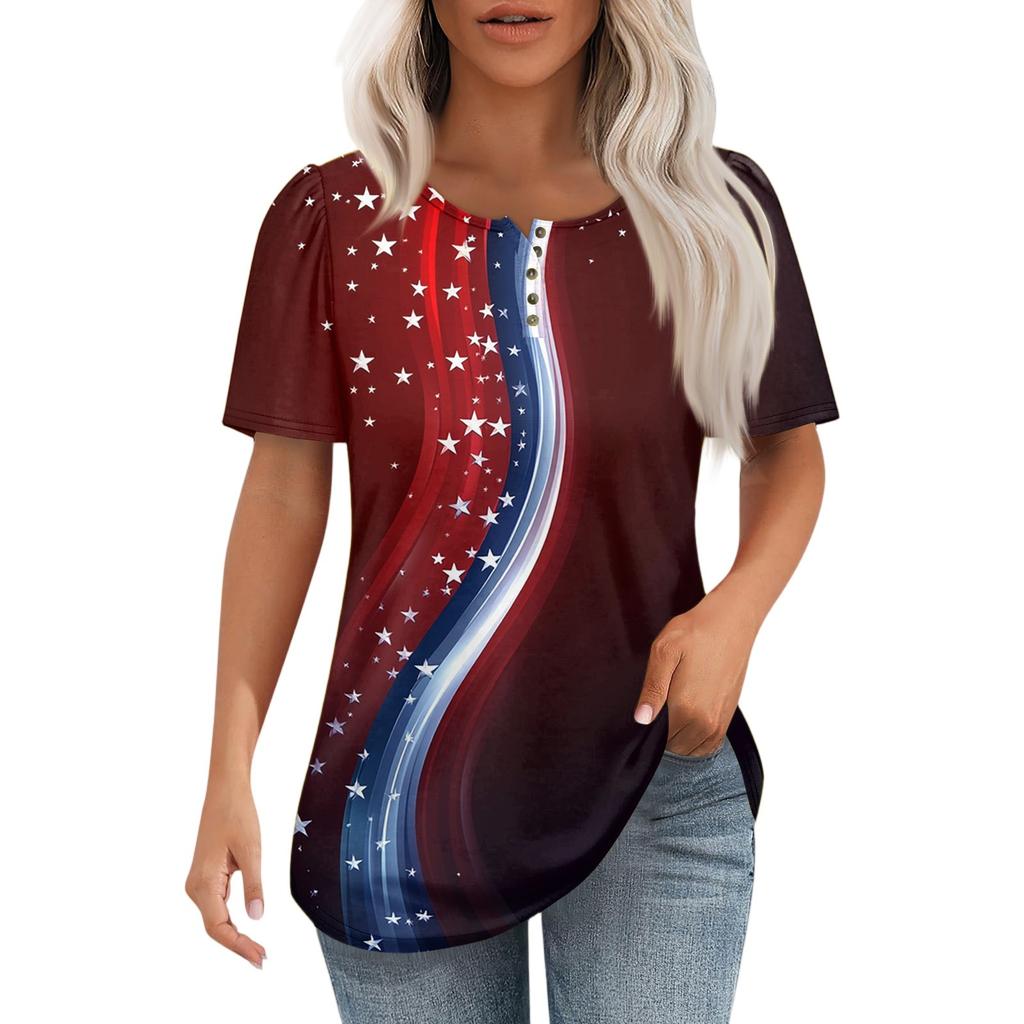 Damski modny, swobodny, krótki rękaw, guziki, nadruk, okrągły dekolt, bluzka typu pullover